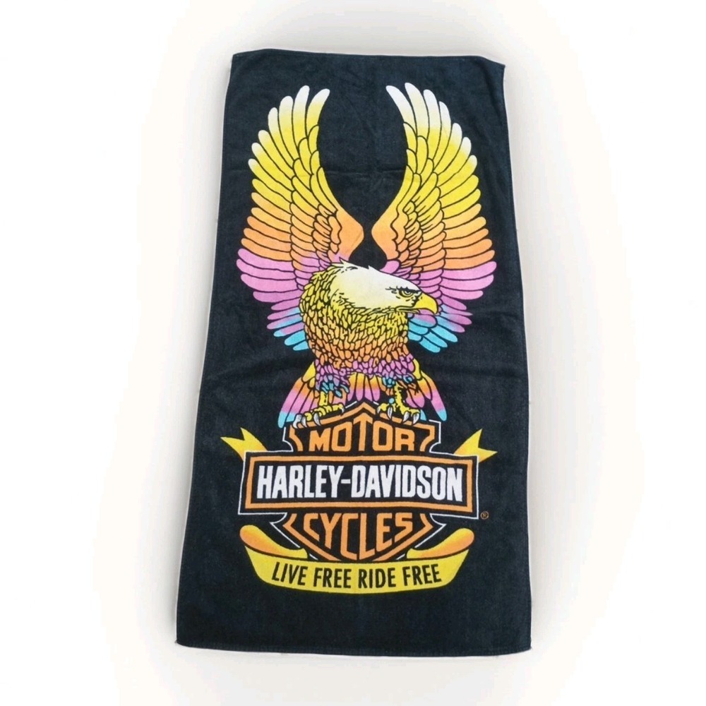 Vintage 90s Harley Davidson Eagle Logo Pattern Towel Beach Bath Biker Motorcycle